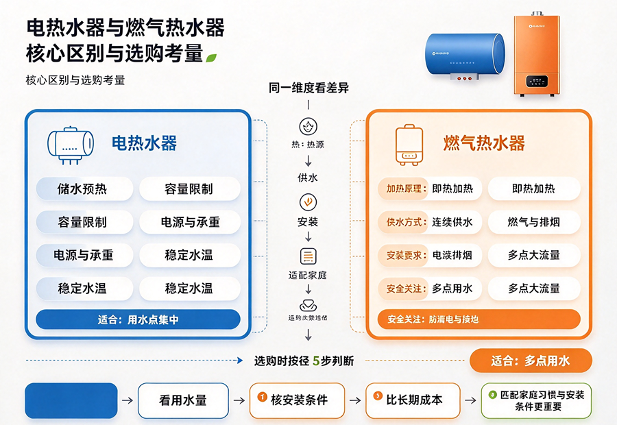 电热水器与燃气热水器：核心区别与选购考量